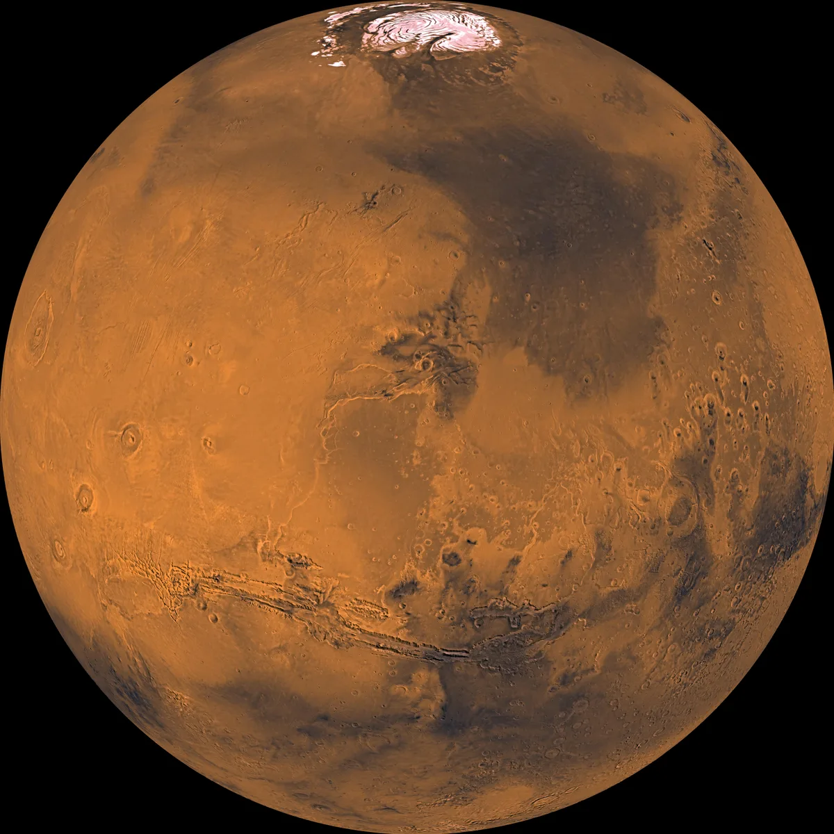 Full view of the planet Mars showing the north polar ice cap and the Valles Marineris canyon