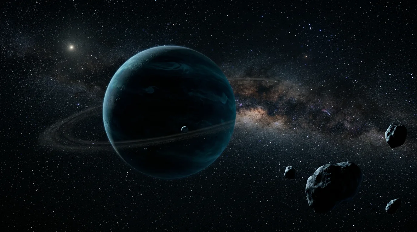 AI-imagined view of Planet X, a dim blue ice giant with faint rings, far from a distant star-like Sun