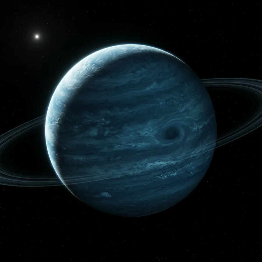 AI-imagined close-up of Planet X with banded blue clouds, a dark storm and thin rings