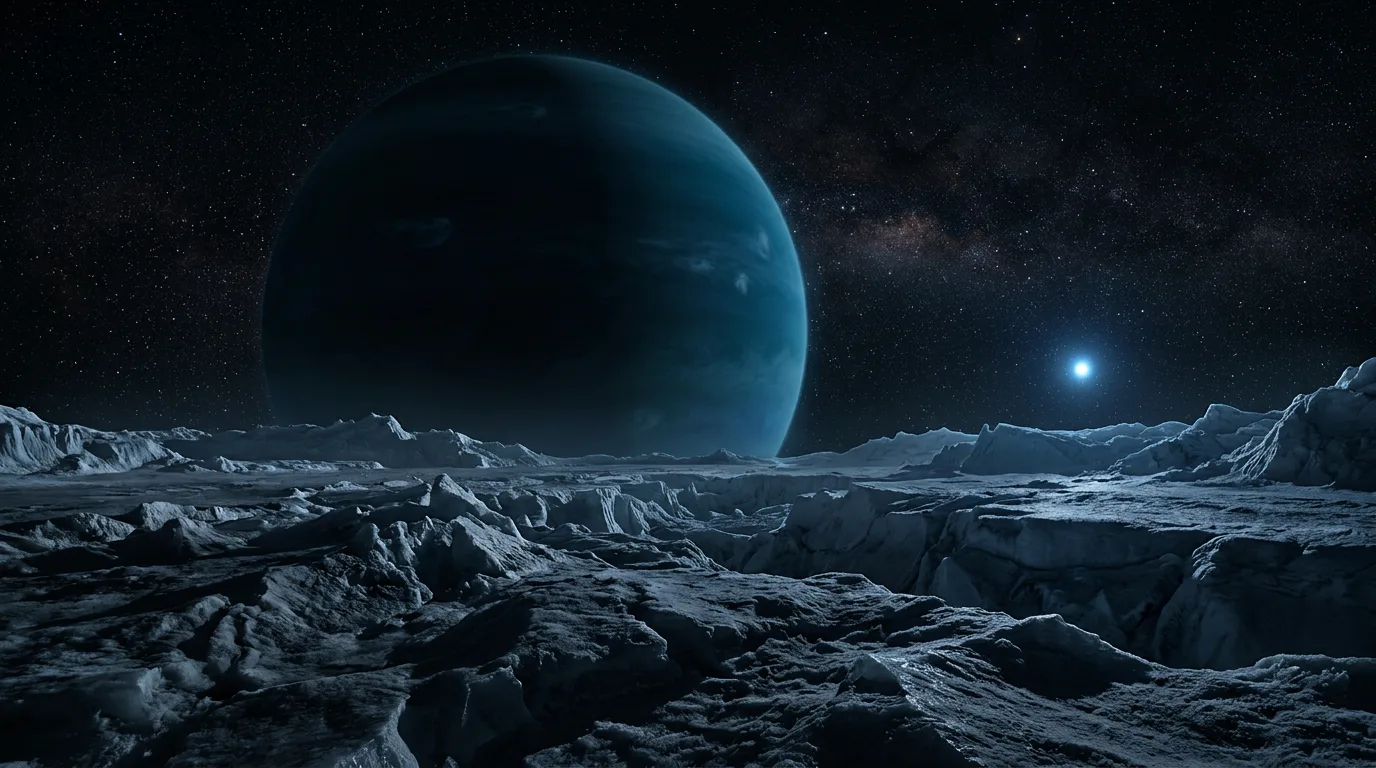 AI-imagined view from an icy moon, with Planet X filling the sky above frozen ridges